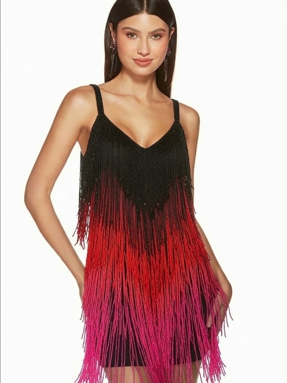 Alyce Paris Black to Red Ombre Fringe Cocktail Dress